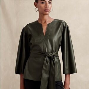 Banana Republic Olive Green Faux-Leather Tie-Waist Jacket